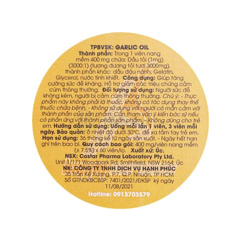 Viên uống hỗ trợ sức khỏe Costar Garlic Oil 60 viên - Tăng cường sức khỏe, hỗ trợ làm đẹp da và tóc khỏe mạnh.