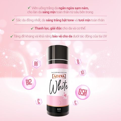 Viên Uống Sáng Da Adiva White 60 Viên - Hỗ Trợ Làm Trắng Da Tự Nhiên Với Glutathione & Vitamin C, An Toàn Cho Da, Xuất Xứ Nhật Bản