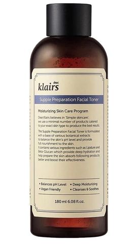 Nước Hoa Hồng Klairs Supple Preparation Facial Toner 180ML - Dưỡng Ẩm, Cân Bằng pH, Phục Hồi Da Nhạy Cảm, Giảm Mụn