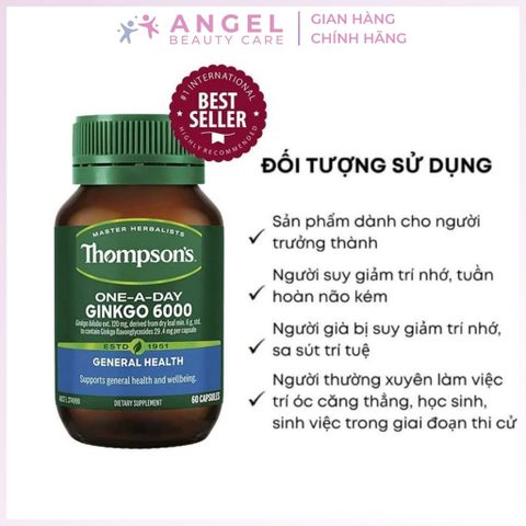 Viên Uống Bổ Não Ginkgo 6000mg Thompsons Tăng Cường Trí Nhớ & Tuần Hoàn Não