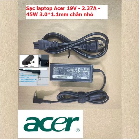 Sạc Laptop Acer 19V 2.37A 45W - Đầu 3.0*1.1mm và 5.5*1.7mm - Phụ Kiện Máy Tính Chính Hãng, Mới 100%
