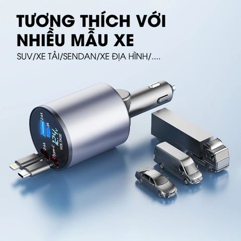 Tẩu Sạc Nhanh Ô Tô 120W 4 Trong 1 - Sạc Nhanh Điện Thoại Samsung, iPhone - Thiết Kế Gấp Gọn, Chất Liệu ABS + PC