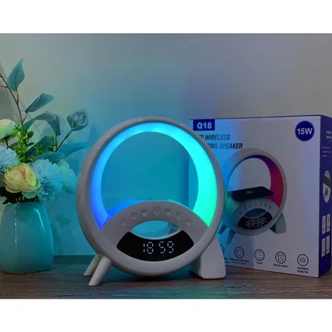 Loa Bluetooth Đa Năng Hẹn Giờ - Sạc Không Dây 15W, Chất Âm Hay, Đồng Hồ Thời Gian & Đèn Ngủ Thông Minh
