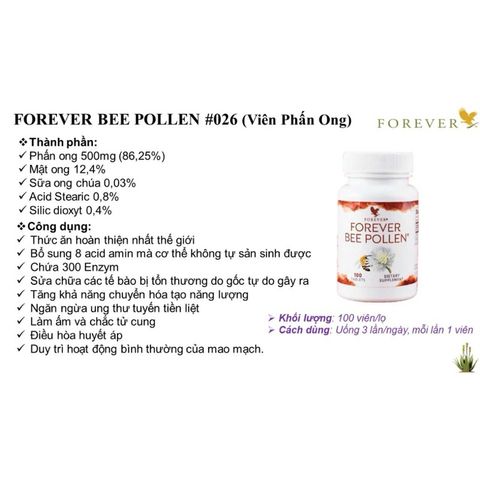 Viên Phấn Ong Forever Bee Pollen 026Flp - Giàu Enzyme, Tăng Cường Sức Khỏe, Bổ Sung Dinh Dưỡng Nguyên Chất, 100 Viên/Lọ