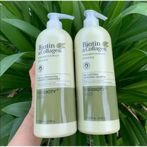 Cặp Gội Xả Biotin & Collagen Voudioty Dành Cho Tóc Dầu 1000ml -Xanh lá