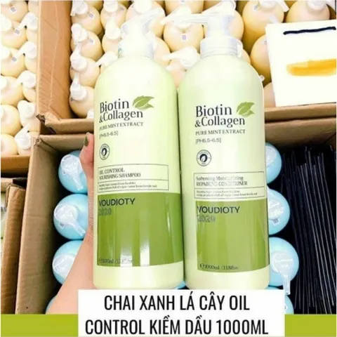 Cặp Gội Xả Biotin & Collagen Voudioty Dành Cho Tóc Dầu 1000ml -Xanh lá