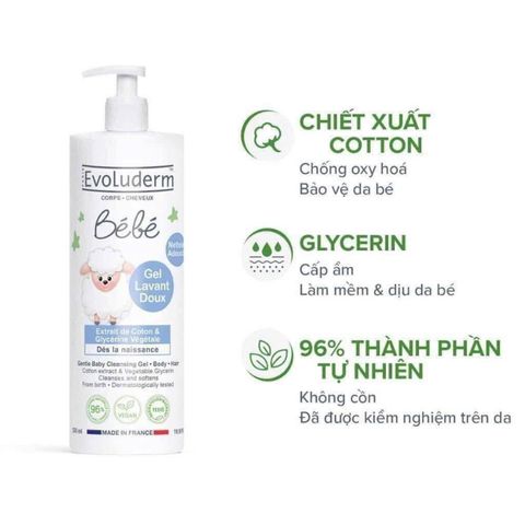 Sữa Tắm Gội EVOLUDERM Bebe Baby Gentle 500ml - Dành Cho Da Nhạy Cảm, Hương Thơm Tự Nhiên, Chăm Sóc Bé An Toàn