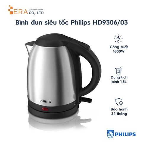 Bình Đun Siêu Tốc Philips HD9306 - 1800W, Thép Không Gỉ, Thiết Kế Hiện Đại, Đun Nước Nóng Nhanh Chóng, An Toàn và Tiết Kiệm Thời Gian