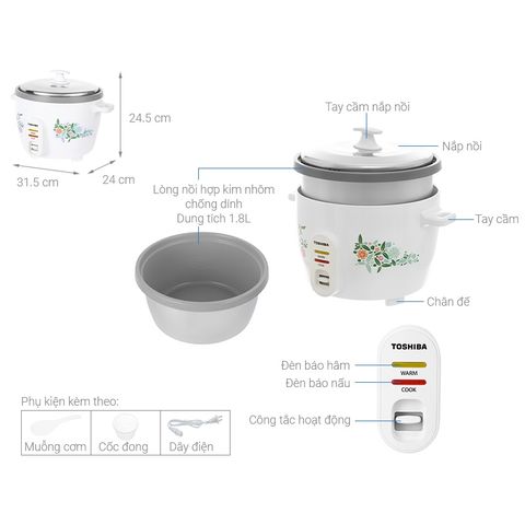 Nồi Cơm Điện Nắp Rời Toshiba RC-18MH1PV(F) 1.8L 700W - Lòng Nồi Chống Dính, Bảo Hành 12 Tháng, Nấu Cơm Nhanh Chóng cho Gia Đình 4-6 Người