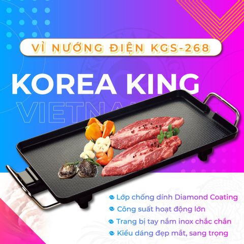 Vỉ Nướng Điện Korea King KGS-268 - Thiết Kế Hiện Đại, Công Suất 1300W, Đa Năng Nướng, Xào, Chiên, Chống Dính Cao Cấp