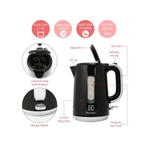 Bình Đun Siêu Tốc Electrolux EEK3505 1,7L Màu Đen - An Toàn, Tiết Kiệm Điện, Đáp Ứng Nhu Cầu Nước Nóng Ngày Hàng