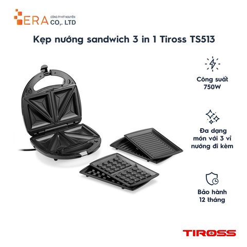 Kẹp nướng sandwich 3 trong 1 Tiross TS513 - Máy làm bánh đa năng 750W với vỉ chống dính, làm bánh nóng giòn tại nhà
