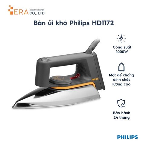Bàn ủi hơi nước Philips HD1172 - Công suất 1000W, đế hợp kim nhôm, tự ngắt điện, màu xám bạc - Giúp là quần áo dễ dàng và an toàn