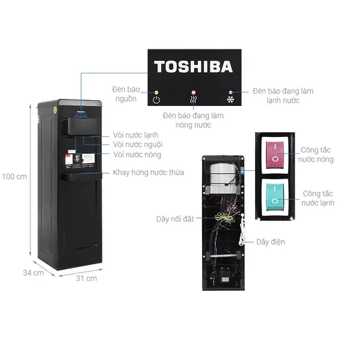 Cây Nước Nóng Lạnh Toshiba RWF-W1917TV(K) - Bình Nước Inox 304, Nhiệt Độ Nóng Lên Đến 85°C, Lạnh Dưới 10°C, Dung Tích 0.89L/3L