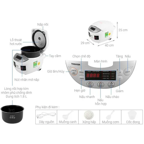 Nồi Cơm Điện Tử Toshiba RC-10DH2PV/W 1L & RC-18DH2PV/W 1.8L - 12 Chế Độ Nấu, Chống Dính Bichotan, Hàng Chính Hãng Nhật Bản