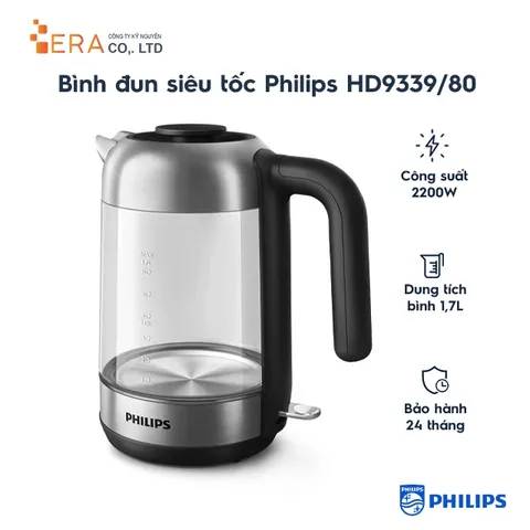 Bình Đun Siêu Tốc Philips HD9339/80 - 1.7L, 2200W, Thiết Kế Thủy Tinh Sang Trọng, Bảo Hành 24 Tháng