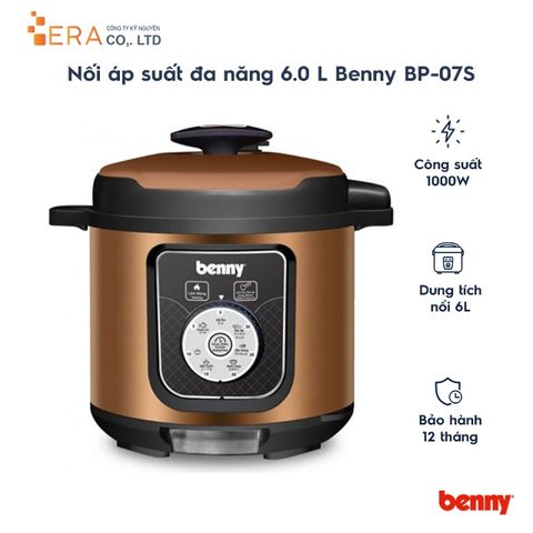 Nồi Áp Suất Đa Năng 6.0L Benny BP-07S - Inox Đen Cổ Điển, Bảo Hành 12 Tháng, Dụng Cụ Nấu Ăn Tiện Lợi, Hấp Thực Phẩm