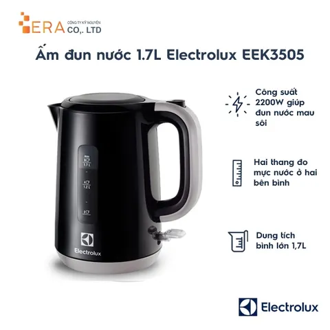 Bình đun nước siêu tốc Electrolux EEK3505 1.7L - Công suất 2200W, màu đen, bảo hành 24 tháng, chất lượng Thụy Điển