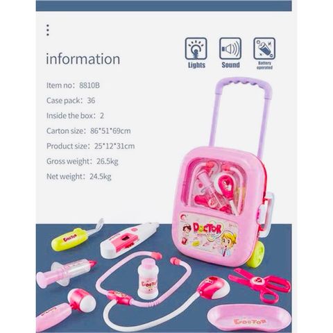 Đồ chơi bác sĩ đựng trong vali kéo 8810 có đèn và âm thanh, có 2 màu, đồ chơi nhập vai, đồ chơi hướng nghiệp cho bé