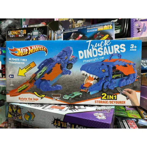 Bộ đồ chơi xe khủng long và 3 xe ô tô nhỏ chạy bằng đà, có đường trượt (2126) Truck Dinosaur Car