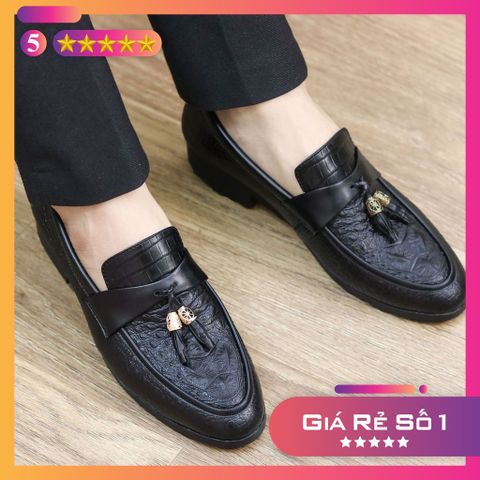 Giày Lười Da Nam Dập Vân Cá Sấu - Đính Chuông Kim Loại, Đế Khâu Chỉ Gai Chắc Chắn, Phong Cách Thời Trang Cao Cấp