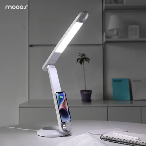 Đèn bàn chống cận Mooas Hàn Quốc - Đèn sạc không dây Qi, điều chỉnh 180 độ, 3 chế độ ánh sáng, tiện dụng cho học tập và làm việc