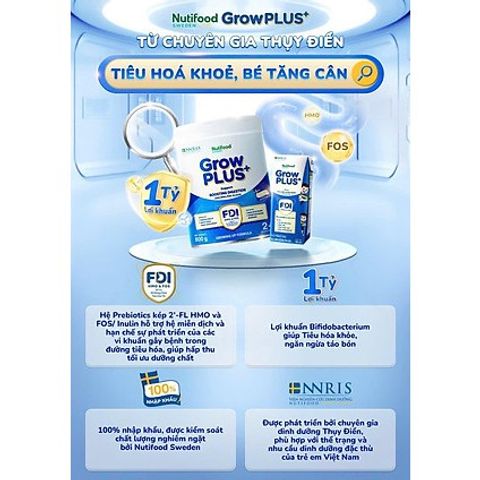 Sữa bột Nutifood Sweden GrowPLUS+ Tiêu Hóa (Xanh Nhạt) - Tiêu hóa khỏe, tăng cân Lon 800g