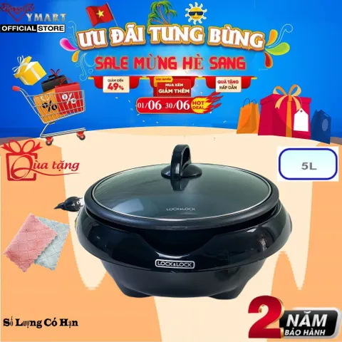 Nồi Lẩu Điện Đa Năng 5L LocknLock EJP331BLK 1650W, Nắp Kính Chịu Nhiệt, Thiết Kế Sang Trọng, Tiết Kiệm Năng Lượng 2 Năm Bảo Hành