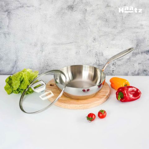 Chảo Sâu Lòng 24cm Inox 316 Nguyên Khối 3 Lớp Haatz HYP24, Dùng Cho Mọi Loại Bếp - Hàng Chính Hãng