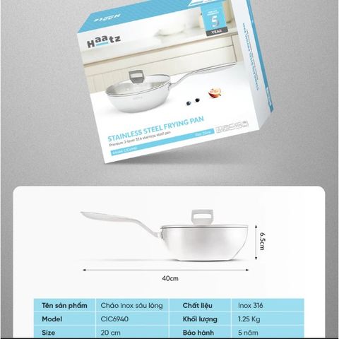 Chảo Sâu Lòng 20cm Inox 316 Nguyên Khối 3 Lớp Haatz HYP920, Dùng Cho Mọi Loại Bếp - Hàng Chính Hãng