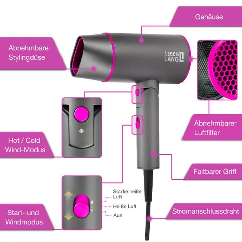 Máy Sấy Tóc Lebenlang LBH3088H 2100W - Gấp Gọn, Công Nghệ Ion, Chống Xơ Rối, Sấy Nhanh, Tiện Dụng Cho Du Lịch