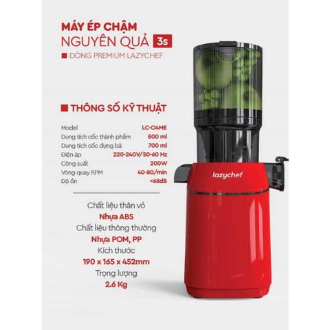 Máy Ép Chậm Nguyên Quả Lazychef 3S LC04ME Premium 200W - Máy Ép Trái Cây, Làm Kem Tươi, Thiết Kế Tiện Lợi và Hiệu Quả Cao