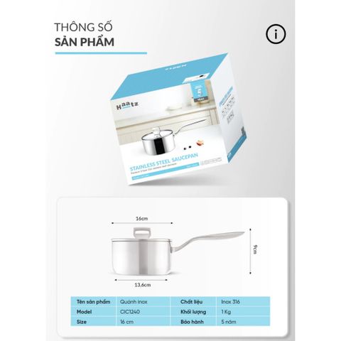 Quánh Inox 316 Đúc Đáy Liền Haatz HYP316 Size 16cm - Chịu Nhiệt, An Toàn Sức Khỏe, Bảo Hành 5 Năm - Dụng Cụ Nhà Bếp Cao Cấp