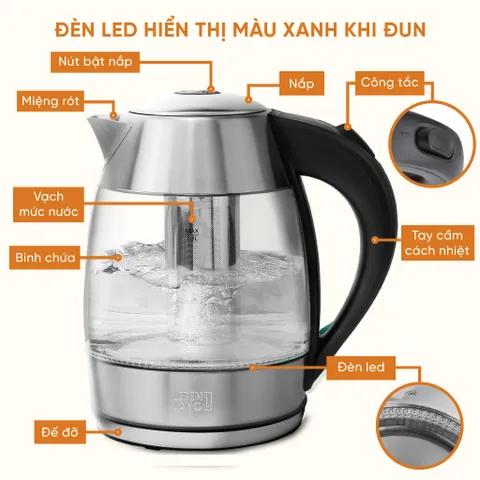 (Kèm Lõi Lọc Trà) Ấm Siêu Tốc Thủy Tinh Cao Cấp 1,8L Lebenlang LBLB2226 - 2200W, Hàng Chính Hãng
