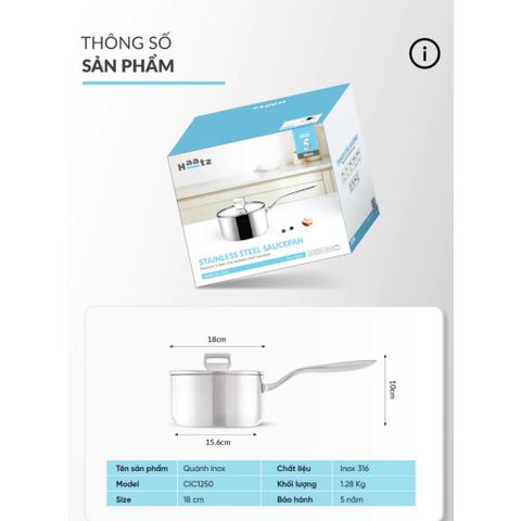 Quánh Inox 316 Đúc Đáy Liền Haatz HYP318 Size 18cm - Chảo Bếp Từ Cao Cấp Chống Dính Bảo Hành 5 Năm, An Toàn Cho Gia Đình