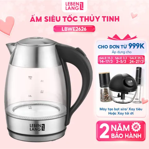 (Bảo Hành 2 Năm) Ấm Đun Siêu Tốc Thủy Tinh 1,8L Lebenlang LBWE2626 Công Suất 2200W - Hàng Chính Hãng