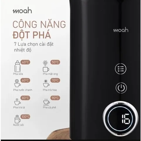 Ấm Đun Siêu Tốc Moah 1.7L MKK8721-BK - Màn Hình LED, 7 Chế Độ Nhiệt Tuỳ Chỉnh, Thép Không Gỉ, An Toàn và Tiện Lợi