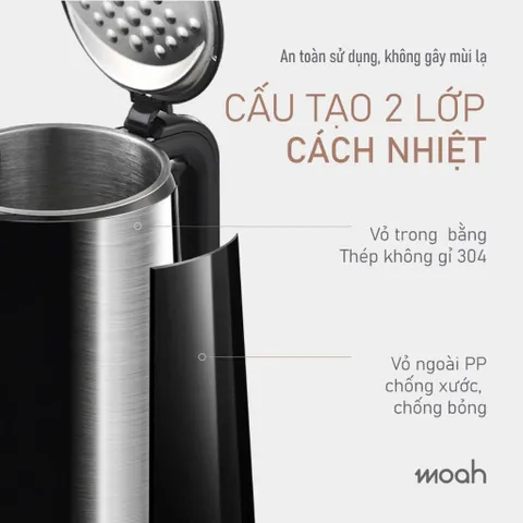 Ấm Đun Siêu Tốc Moah 1.7L MKK8721-BK - Màn Hình LED, 7 Chế Độ Nhiệt Tuỳ Chỉnh, Thép Không Gỉ, An Toàn và Tiện Lợi