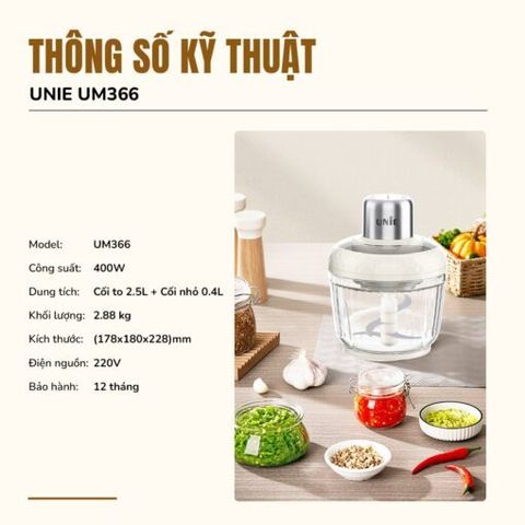 Máy Xay Thịt Đa Năng Unie UM366, 400W, 2 Cối Thủy Tinh, Chống Tắc, An Toàn, Dễ Vệ Sinh - Sản Phẩm Chính Hãng Cho Bếp Gia Đình