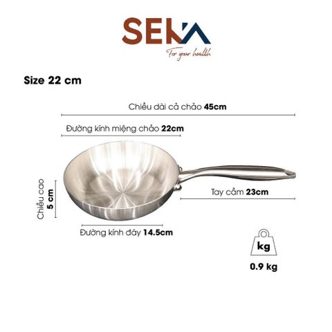 Chảo Inox Cạn Lòng SEKA SK6030 - 5 Lớp Nguyên Khối, Đường Kính 16cm/22cm/26cm, Chất Liệu Cao Cấp, Dùng Tất Cả Các Loại Bếp