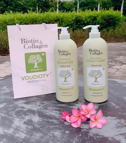 Xanh Lá - Vàng- Cặp Gội Xả Biotin & Collagen Voudioty Dành Cho Tóc Dầu 1000ml