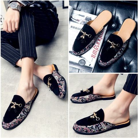 Giày Sục Nam Thổ Cẩm Sang Trọng Phối Da Nỉ - Thiết Kế Độc Đáo Thời Trang Cá Tính Cho Phái Mạnh
