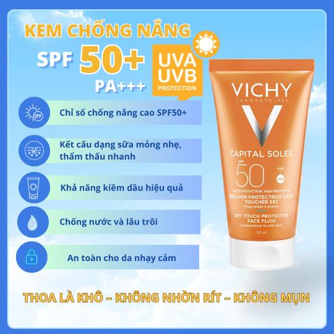 Kem Chống Nắng Vichy Capital Soleil Mattifying Face Fluid SPF 50 50ml - Bảo Vệ Da, Giảm Bóng Nhờn, Phù Hợp Cho Da Nhạy Cảm