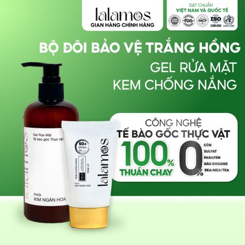 Combo Chăm Sóc Da Trắng Hồng Lalamos - Sữa Rửa Mặt 280ml & Kem Chống Nắng Nhụy Kim Ngân Hoa Nâng Tone SPF 50+ 50ml