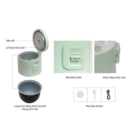 Nồi Cơm Điện SUNHOUSE MAMA SHD8665B 1.8L - Nấu Cơm Ngon, Giữ Ấm, Màu Xanh Ngọc, Chất Liệu Nhựa Siêu Bền