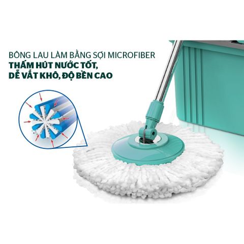 Bộ lau nhà xoay 360 độ HAPPY TIME KH-CL330S - Thiết kế tiện dụng, bông lau microfiber thấm hút tốt, giặt và vắt nhanh chóng, phù hợp mọi ngóc ngách.