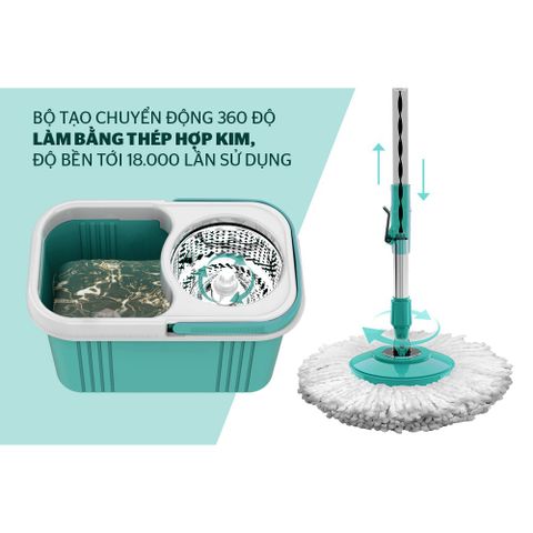 Bộ lau nhà xoay 360 độ HAPPY TIME KH-CL330S - Thiết kế tiện dụng, bông lau microfiber thấm hút tốt, giặt và vắt nhanh chóng, phù hợp mọi ngóc ngách.