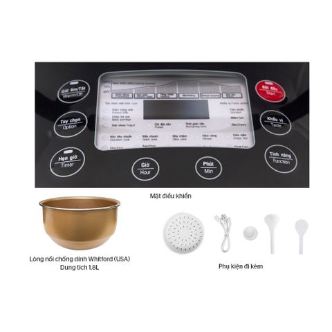 Nồi cơm điện tử 1.8L SUNHOUSE MAMA SHD8903 - 8 chế độ nấu, công nghệ ủ ấm 3 chiều, chất liệu inox siêu bền, dùng cho 4-6 người