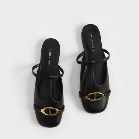 Sục Giày Mules Nữ Mũi Tròn Vuông Hở Gót Metallic Accent Vải Dạ Kẻ Tweet Khuy Khóa Vàng AILEE.st [2914-1]