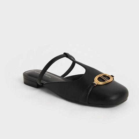 Sục Giày Mules Nữ Mũi Tròn Vuông Hở Gót Metallic Accent Vải Dạ Kẻ Tweet Khuy Khóa Vàng AILEE.st [2914-1]